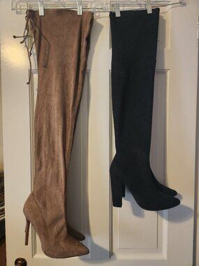 Brown thigh high boots and black knee height boots